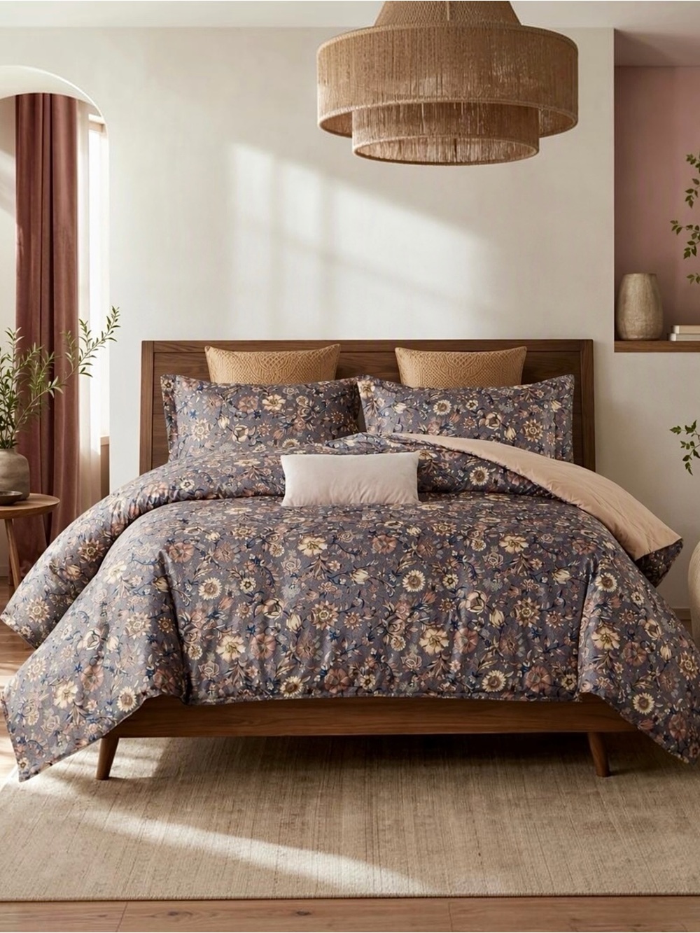 NEW Anthropologie Purple Floral Silky Boho Queen / King Duvet Bedding & Sham Set